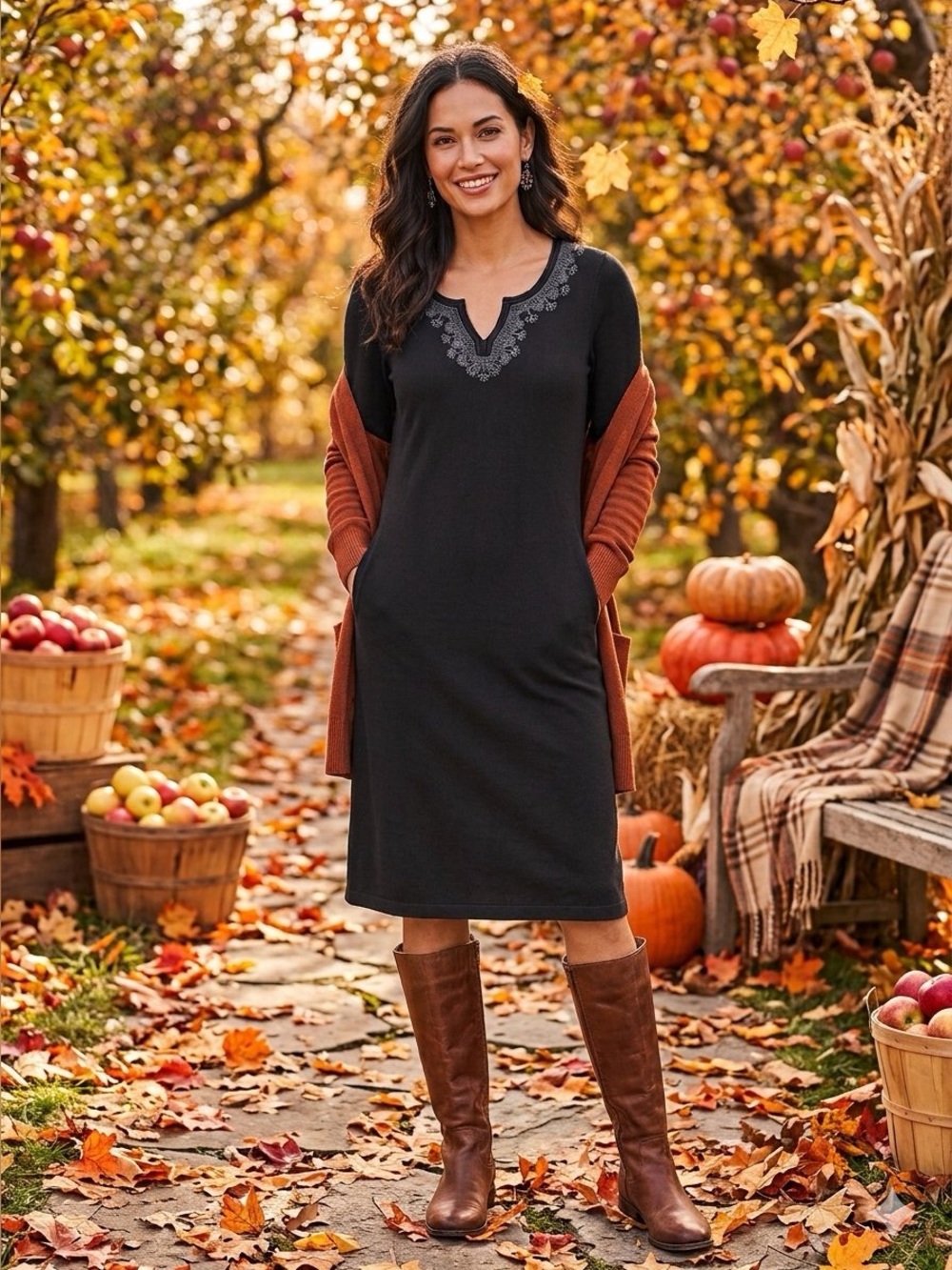 Tommy Bahama Black Embroidered V‑Neck Midi Dress